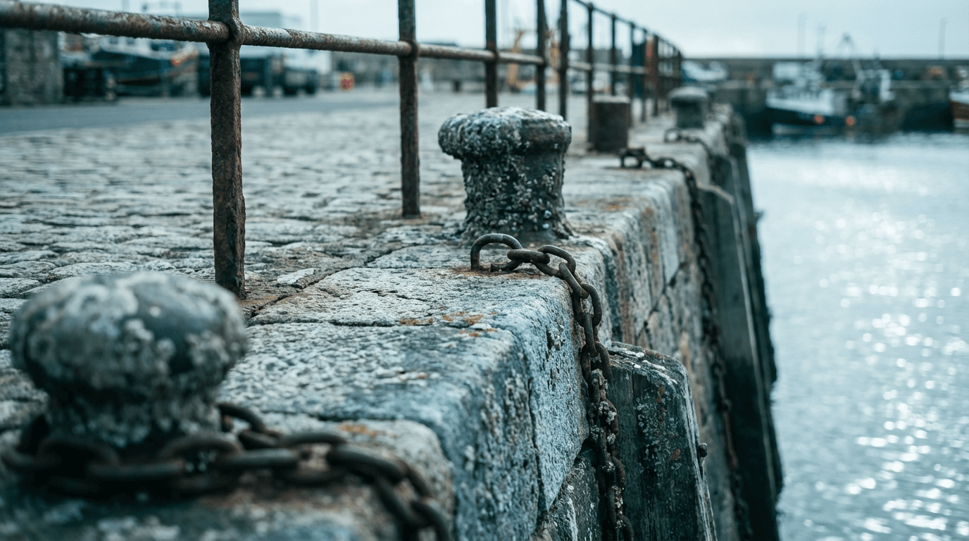 Thick shipping ropes coiled on a dock