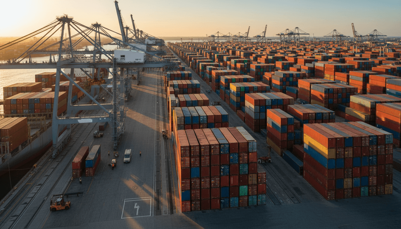 Container ship being loaded at a busy port with gantry crane